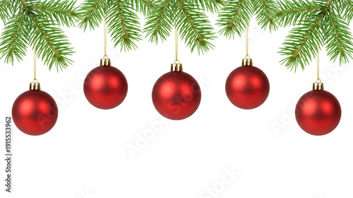 Christmas Border with Green Pine Branches and Red Baubles on White