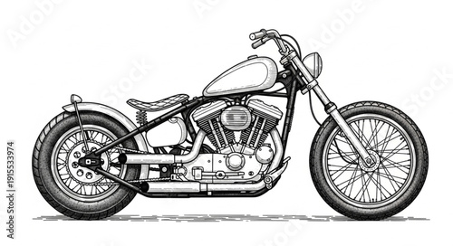 Detailed Black and White Motorcycle Illustration.