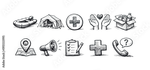 Emergency relief silhouette icon set. Rescue, aid, disaster response silhouette icons.