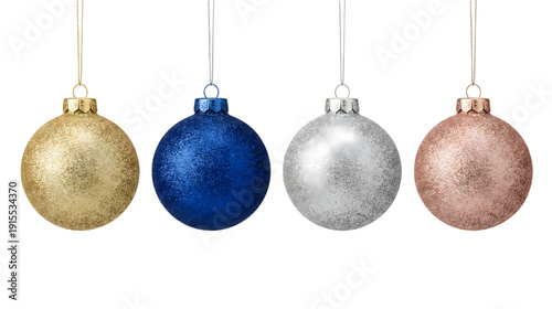 Set of Four Colorful Glittery Christmas Baubles Isolated on White