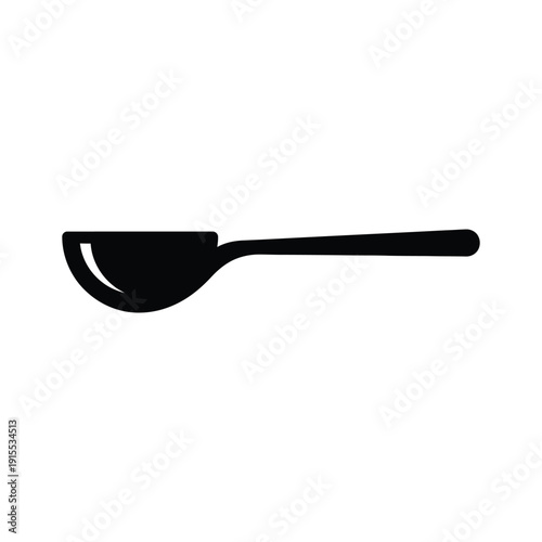Minimalist black silhouette icon of a measuring scoop or spoon isolated on a clean white background, perfect for recipes or nutrition apps.