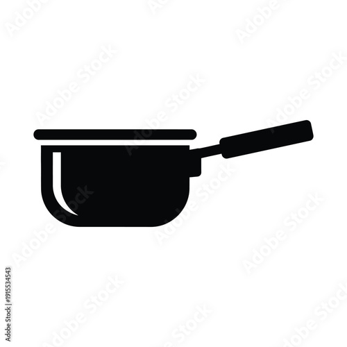 Black saucepan icon vector illustration isolated on white background. Minimalist kitchen cooking pot symbol for culinary design, recipe apps, and food preparation. Flat style cookware graphic.