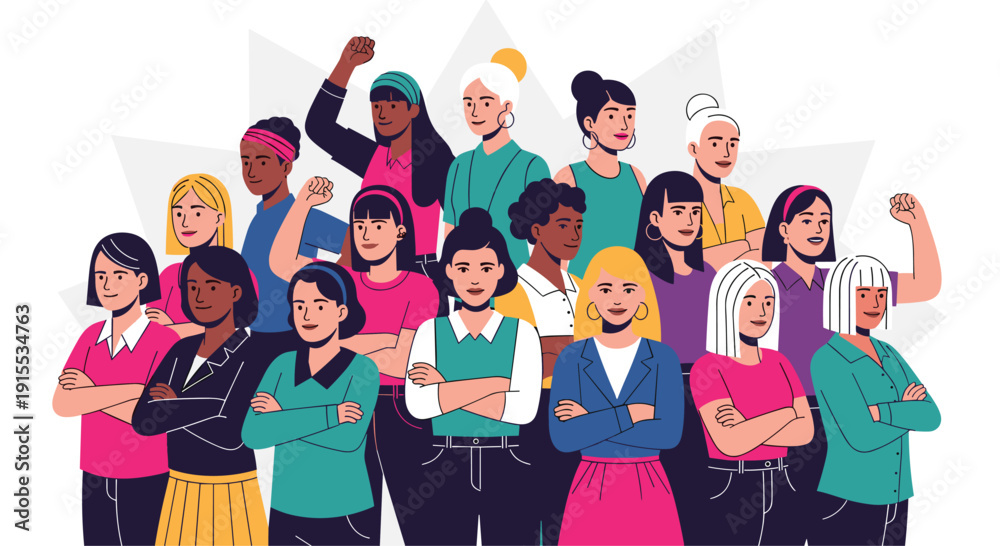 Obraz premium A diverse group of women of different ethnicities and ages standing together with arms crossed or fists raised.