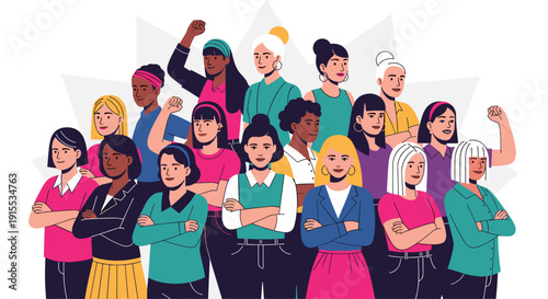 A diverse group of women of different ethnicities and ages standing together with arms crossed or fists raised.