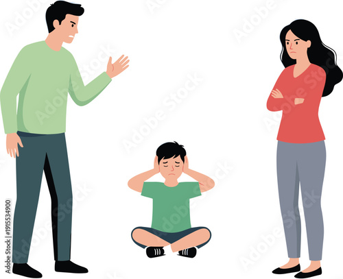 Sad little boy covering ears while parents arguing and shouting, domestic conflict, family problems, unhappy childhood, vector illustration