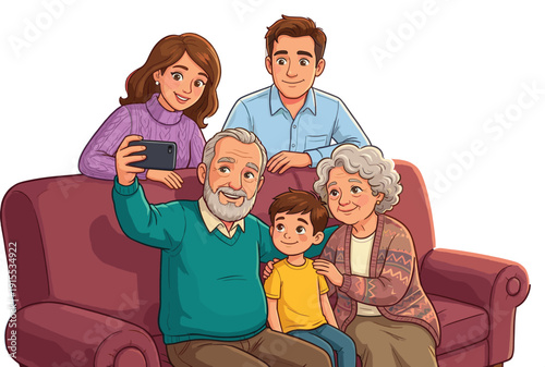 Happy family taking selfie together on sofa, grandparents, parents and child smiling for portrait, cartoon vector illustration of togetherness