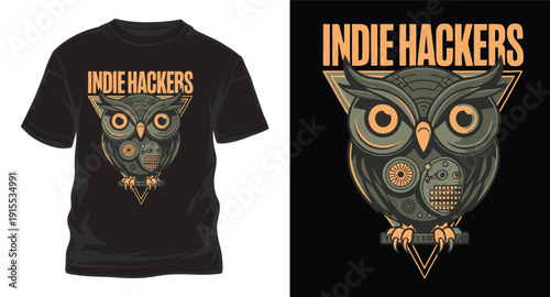 Indie hackers typography with steampunk owl illustration