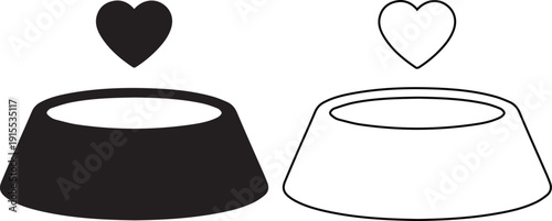 Vector illustration of a pet food bowl with a heart icon available in solid black silhouette and thin line art style, perfect for animal care and domestic dog or cat feeding designs.