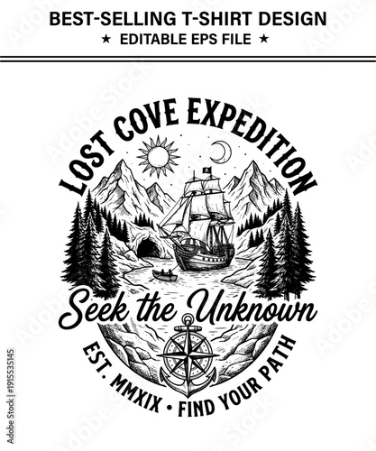 Vintage sailing ship in mountainous cove with compass and trees illustration design for adventure seekers and explorers