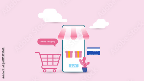 Minimalist pink background featuring a smartphone store, shopping cart, and credit card icon. Modern flat illustration for e-commerce and payments.