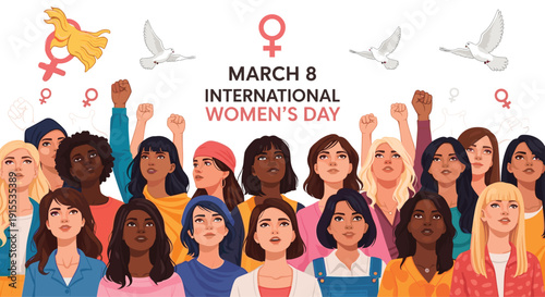 Diverse women celebrate International Women's Day on March 8 with raised fists under doves and gender symbols.