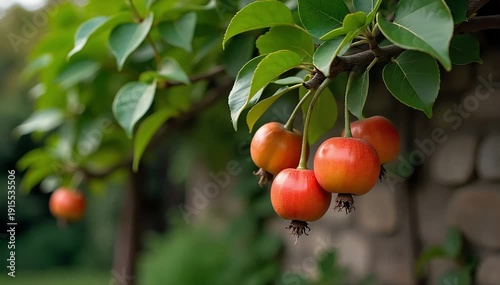 A backyard madrono tree with ripe fruits hanging low near a stone wall 