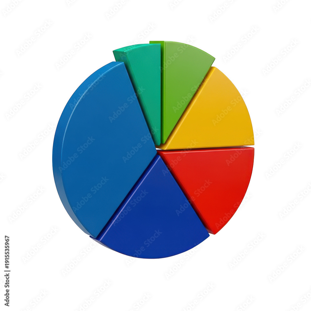 Fototapeta premium Colorful 3D pie chart with five distinct segments on transparent background