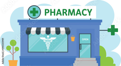 Pharmacy Storefront Building with Green Cross Sign Medical Healthcare Vector Illustration