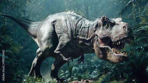 4K Tyrannosaurus rex roaring in a misty prehistoric jungle, a powerful predator in its natural habitat, ancient dinosaur video