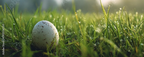 Panel kuchenny z motywem Speckled egg in green grass with dew drops. Easter concept for spring holiday. Fresh morning nature background with soft light.