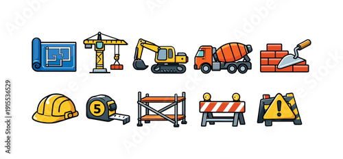 Construction tools flat icon set. Building, equipment, machinery icons flat collection
