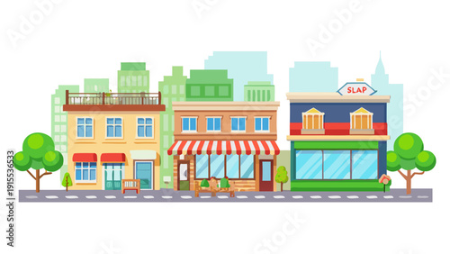 Street small shops with awnings and signage, panoramic windows and vending machines. Vector isolated buildings with canopies and greenery. Urban retail of city life and commerce. Real estate .vector 