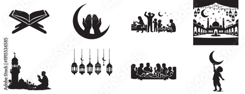 Vector silhouette set depicting Islamic culture with Quran, praying hands, mosque, lanterns, and people celebrating Eid on a transparent background.
