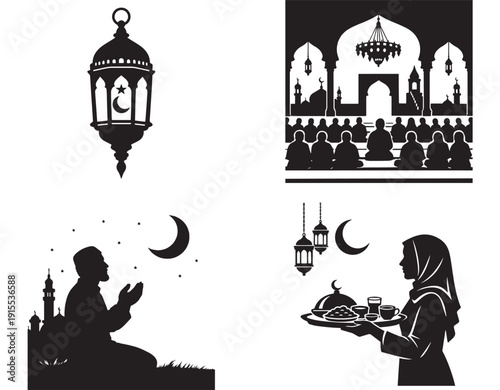 Vector silhouette set depicting Islamic culture, featuring a crescent moon lantern, mosque interior with worshippers, a man praying, and a woman serving Iftar food