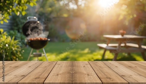 Empty Rustic Wood Tabletop Background with Blurred Smoking Kettle Grill and Picnic Table in Sunlit Summer Backyard Garden

