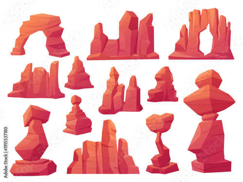 Sand desert rocks. Cartoon canyon mountains, cracked cliffs. Nature landscape elements with sunburned stones. Rock design, nowaday vector clipart