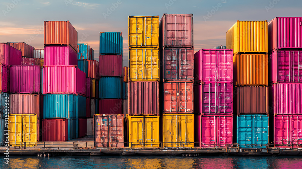 Fototapeta premium Stacked Shipping Containers in Harbor