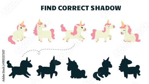 Cartoon unicorn children game. Find correct shadow, educational play for kids, toddlers in kindergarten or home. Preschool study with unicorns, vector template