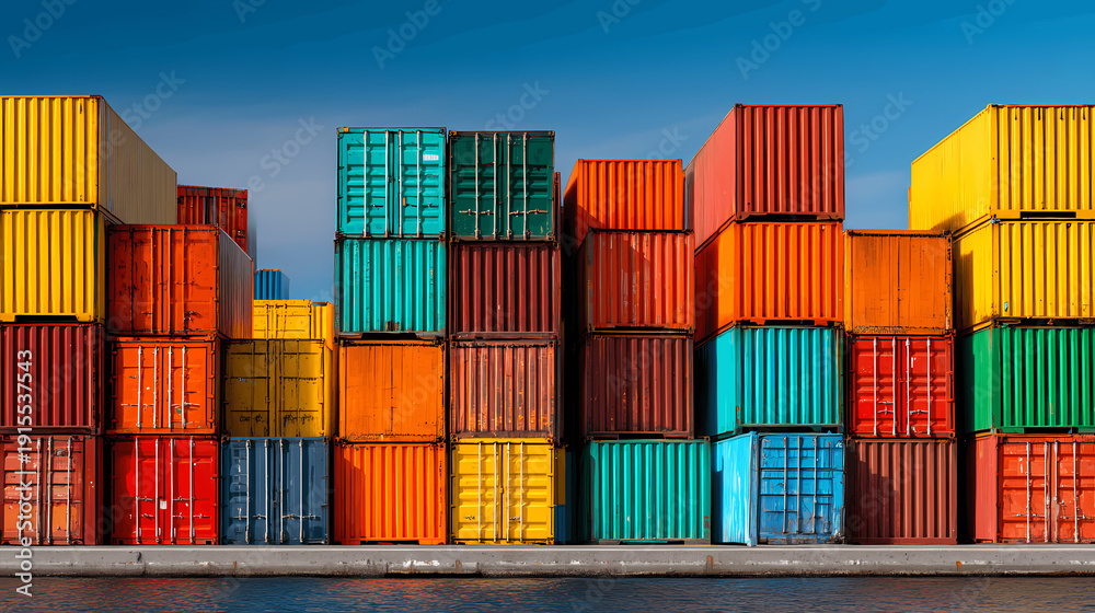 Fototapeta premium Stacked Shipping Containers in Harbor