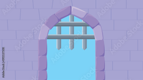 Stone arch in medieval style wall. Iron grate opened. Fortress, palace, castle cartoon background. Freedom feelings metaphor, vector fairytale background