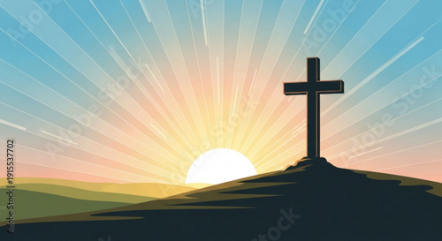 Silhouette of a cross on a hill at sunrise with radiant sun rays in the background