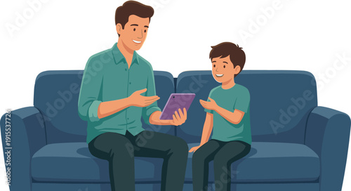 Father and son sitting on blue sofa, using digital tablet together for online education and entertainment, vector illustration