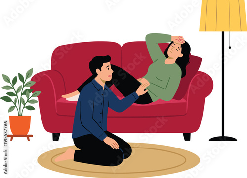 Caring Man Supporting Ill Woman on Sofa at Home, Healthcare and Support Vector Illustration for Medical and Wellness Content