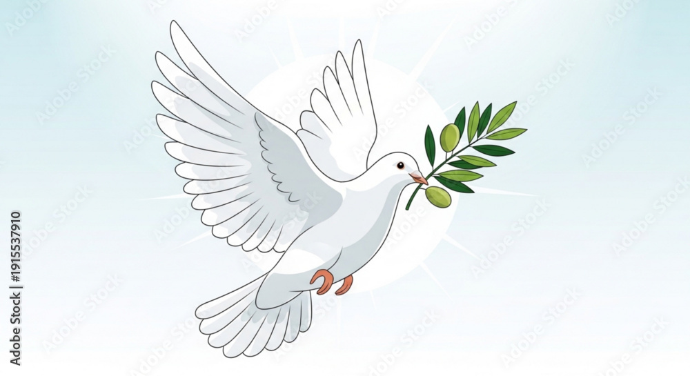 Fototapeta premium White dove flying with olive branch in beak against soft blue background symbolizing peace and harmony in elegant minimalist illustration