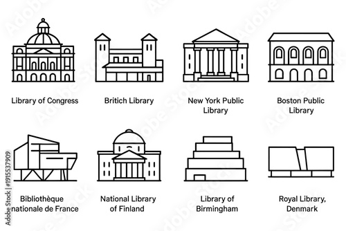Iconic libraries around the world in minimal line art style, vector illustration