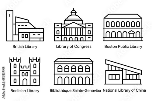 Iconic libraries around the world in line art, vector illustration