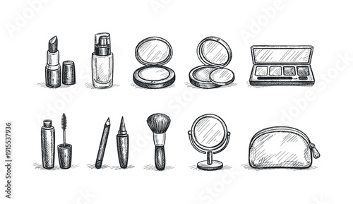 Beauty and makeup icon set. Cosmetic, skincare, beauty tools icons in sketch style