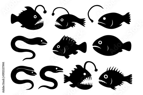 Silhouette style deep sea fish collection featuring predators and eels