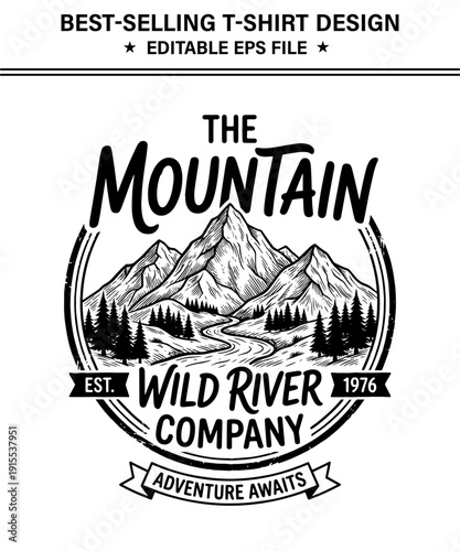 Vintagestyle mountain landscape emblem with wild river company and adventure awaits text on a transparent background for outdoor enthusiasts and nature lovers alike