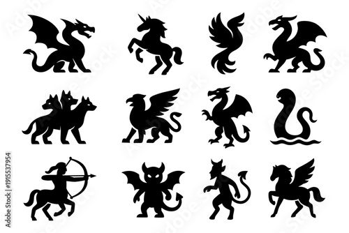 Mystical creature silhouettes featuring dragons, unicorns, and mythical beasts