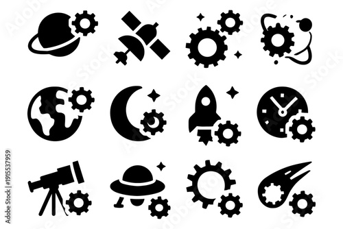 Silhouette space icons: planets, rocket, and gears in minimalist design