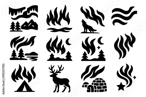 Nature and wilderness icons: stylized woodland adventure symbols for outdoor themes