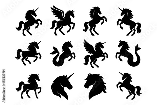 Silhouette unicorn and pegasus collection: mythical horse designs