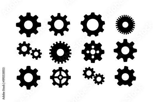 Collection of industrial gear silhouettes in various configurations