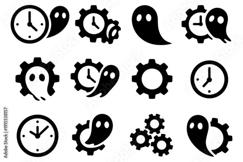 Ghostly clock and gear icons in abstract silhouette style