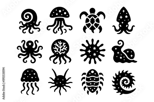 Collection of marine creature silhouettes: octopus, jellyfish, turtle, squid, and more