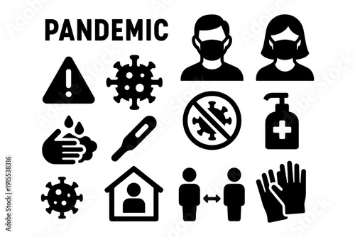 Essential pandemic icons: masks, virus, social distancing, and hygiene practices