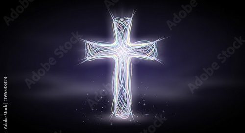 Glowing white cross with intricate lines on dark background symbolizing faith and spirituality
