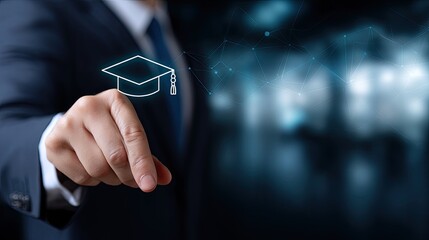 A businessman displays virtual gears and graduation hat with graph icons on a dark blue background for online education and e-business.