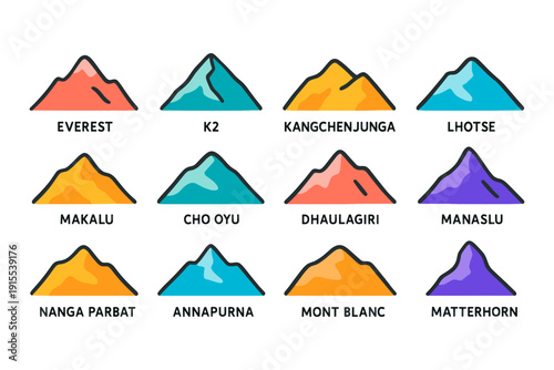 Colorful mountain icons set featuring famous peaks with names